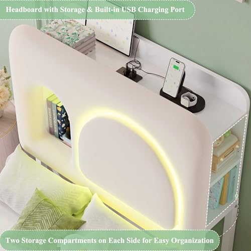 Image of Keyluv Twin Size LED Bed Frame with Storage Bookcase Headboard & Charging Station, Velvet Upholstered Platform Bed with Drawer & USB Ports, Sturdy Metal Support, No Box Spring Required, Beige