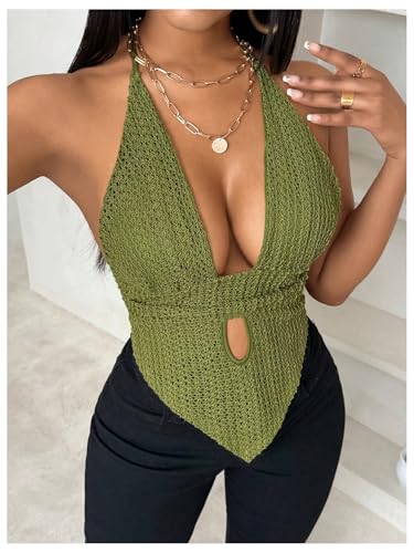 SOLY HUX Women's Deep V Neck Cut Out Halter Top Tie Backless Asymmetrical Hem Summer Tops4