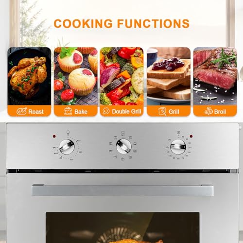 Image of GASLAND 24 Inch Wall Oven Electric, 3200W Convection Single Wall Oven with Rotisserie, 9 Functions, 3-Layer Glass Door, Knob Control, 65L Capacity, ETL Certified, Stainless Steel, 240V