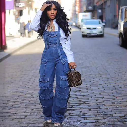 Women's Multi-Pocket Romper Stylish Denim Suspenders Baggy Suspenders Street Casual Jeans Plus Size Cargo Pants2