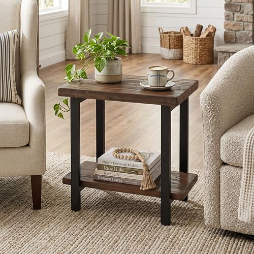 Image of Alaterre Furniture Pomona Solid Wood 2-Tier End Table, Rustic Brown, 27 inch | Side Table or Nightstand with Storage Shelf and Metal Legs, Industrial Farmhouse Chair Side Table for Living Room or Bedroom
