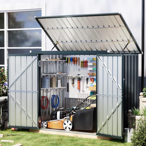 Image of 6x3 FT Outdoor Garbage Can Storage Shed with Lift-Up Lid & Double Doors, Metal Trash Can Enclosure with Sloped Roof, Gas Strut & Lockable Door, Weatherproof Trash Bin Shelter for Patio Backyard