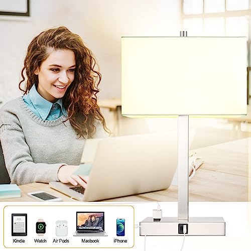 Image of 21 inch Touch Bedside lamps with 2 USB & AC Outlets, 3-Way Dimmable Bedside Table Lamps Set of 2 for Bedroom Living Room Office Reading, White Shade Lamps for Night Stands, 3000K LED Bulbs Included