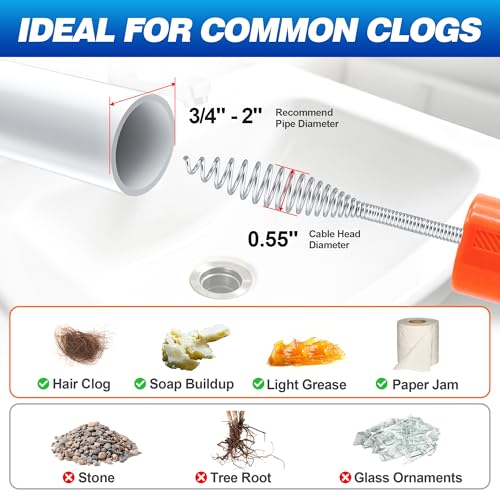 Drainsoon Auto Feed Drain Auger with Drill Adapter, 33 Feet Drain Snake Hair Clog Remover, Manual or Powered Plumbing Snake Drain Cleaner for Bathroom, Shower, Kitchen Sink, Comes with Gloves by Drainsoon - Used condition - Image 4
