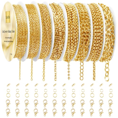 Ecoofor Gold Necklace Chains for Jewelry Making 62.3 Feet 8 Rolls Jewelry Chains for DIY Necklace Bracelet Jewelry Making with Jump Rings/Lobster Clasps/Connectors