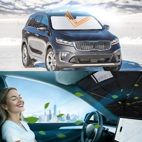 Image of Windshield Sun Shade Umbrella for 2016-2020 Sorento for Kia | Full covered for windshield, Block UV Rays, Heat Reduction, Easy to install, Durable & Fold Up Small