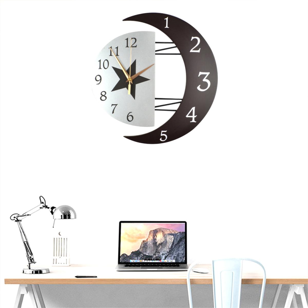 Toyvian Mondförmige Wanduhr mit Quarzwerk, Schwarz, Geräuschlos | Künstlerische Rahmenoptik, Klar Digitale Anzeige, 1 Aa Batterie nicht Enthalten