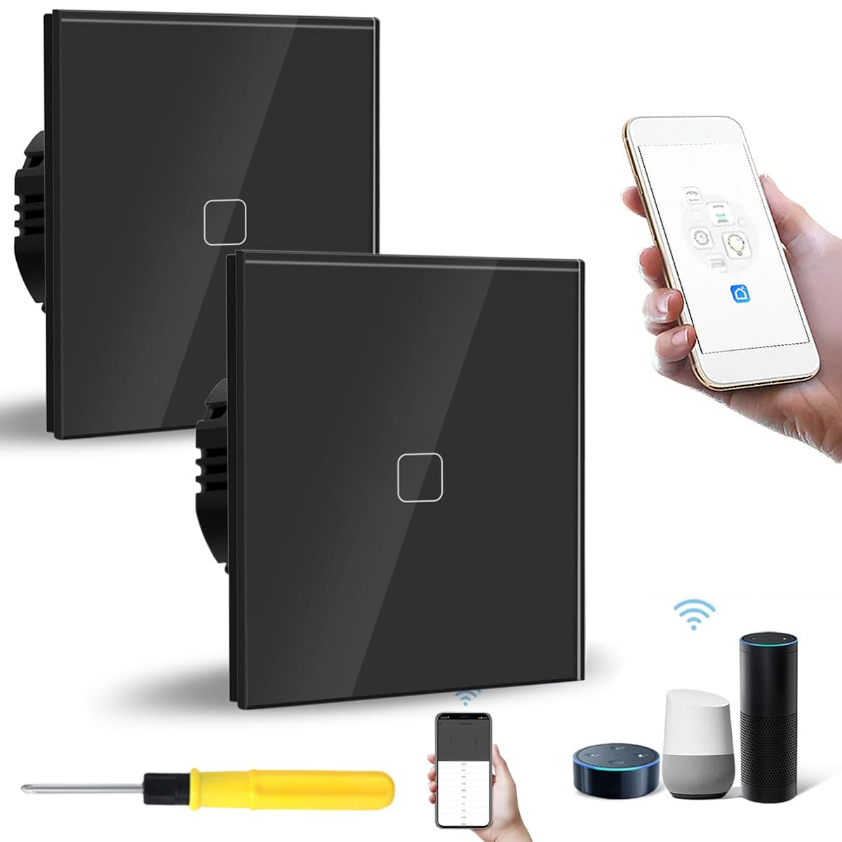 Acmerota WiFi Smart Light Switch, Touch Panel 1 Gang 1 Way Black Glass, Pack of 2