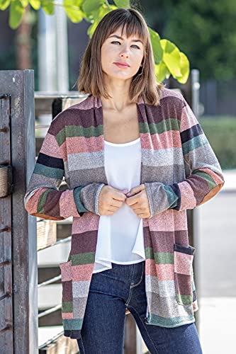Image of Eloges Women's Multi Stripe Soft Knit Open Cardigan with Suede Elbow Patch