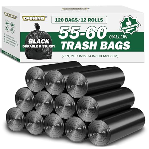 Image of 55-60 Gallon Trash Bags Unscented, 40'' x 53'', Black, 120 Count | Huge 50+ Gal Garbage Can Liner,Fit 206 - 225 Liter Bins,Multipurpose for Construction Industrial Yard Outdoor Commercial Bulk