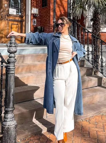 Women's Vintage Notched Collar Double Breasted Over Knee Midi Long Denim Jacket Trench Coat with Belt2