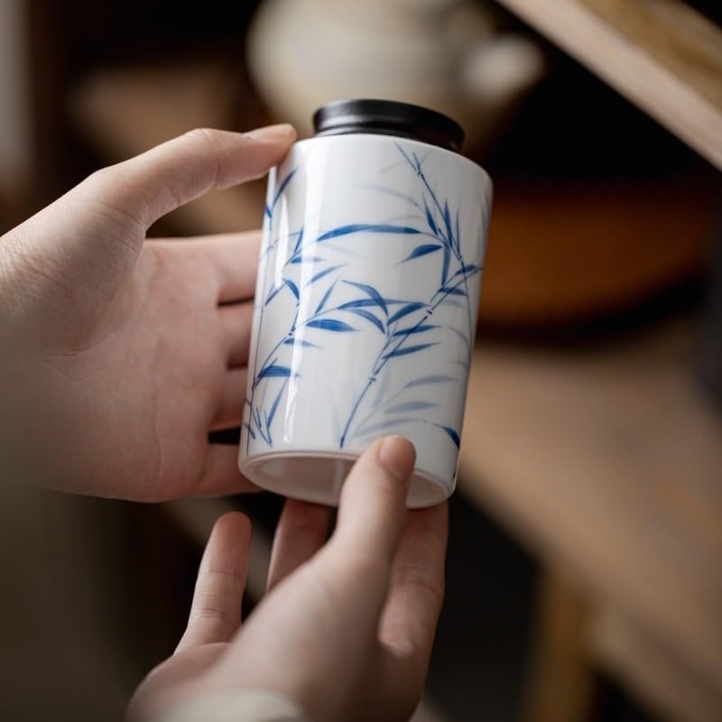 SONGCHAO Sugar Jar Hand-Painted Ceramic Tea Jar Ebony Lid Sealed Portable New Chinese Style Storage Tea Canister(A)