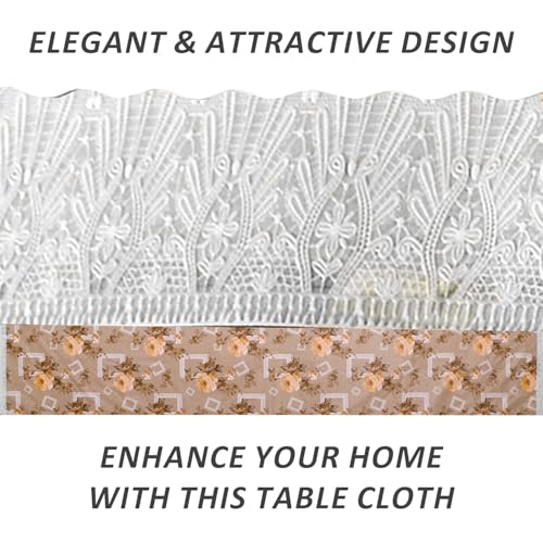 Image of Dakshya Industries 6 Seater PVC Waterproof Dining Table Cover 60x90 Inch | Floral Printed Washable Table Cloth with Lace Border