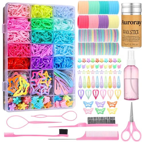 auroray Hair Accessories for Girls, 1700 Pcs Colorful Hair Rubber Bands Elastic Hair Ties Hair Clips Hair Wax Stick Spray Bottle Hair Styling Tools with Organizer Box