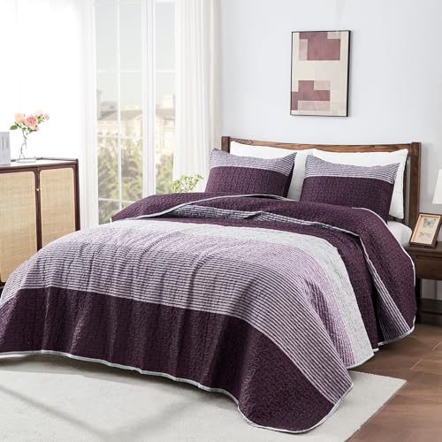 Image of Andency Striped Quilt Set King(106x96Inch), 3 Pieces (1 Purple Quilt and 2 Pillowcases) Purple and Grey Striped Bedspread Coverlet, Lightweight Soft Quilted Bedding Set