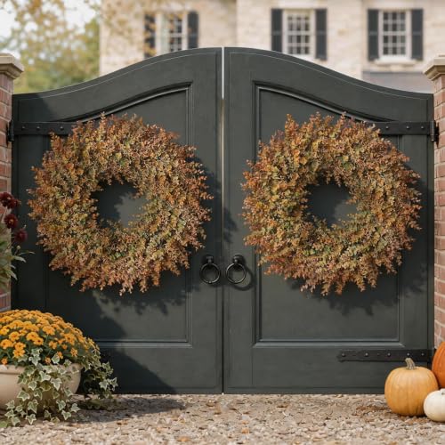 Image of 32 inchArtificial Eucalyptus Wreath with Seed for Front Door Decor(Fall Orange) | Large Size, Fake Autumn Plant Wreath, UV-Resistant, for Outdoor,Front Porch,Window,Farmhouse,Home,Harvest Day,Wall Decoration