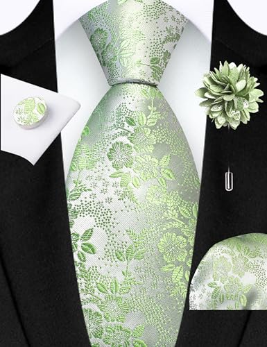 Image of GUSLESON 3.15 inch(8cm) Mens Floral Tie and Lapel Pin Necktie Hankerchief Cufflinks Set for Men