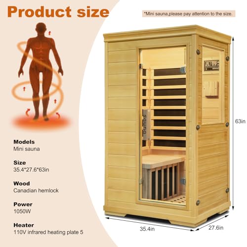 Far Infrared Sauna Room, 1 Person Wood Side-Opening Indoor Sauna Low EMF 5 Heating Panels 1050W Infrared Therapy for Personal Wooden Dry Sauna Home Spa Room Mother'Day Gift - Image 4