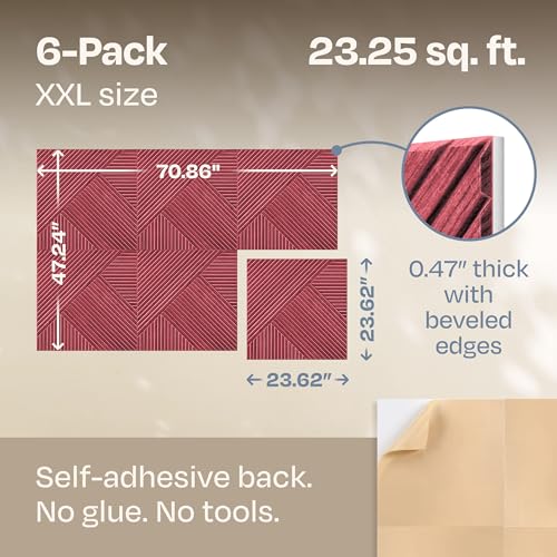 Image of XL Acoustic Wall Panels 6-Pack Decorative Acoustic Panels High Density Sound Absorbing Wall Art 70.86X47.24 Inches with Self-adhesive for Studio Home and Office - Cherry Wood Finish