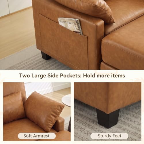 Image of 58 inch Oversized Faux Leather Chaise Lounge Chair Indoor, Mid Century Modern Accent Chair with Ottoman, Deep Seat Comfy Reading Chair with Side Pocket, Single Sofa Armchair for Living Room Bedroom,Brown