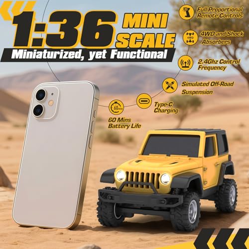 Image of [4WD Edition 1 /36 Scale Mini RC Crawler Car, Toys for Age 8-14 Old Birthday Gifts, Micro RC Truck 4x4 Small Cars with Off Road Full Proportional RTR 2.4GHz Remote - Yellow