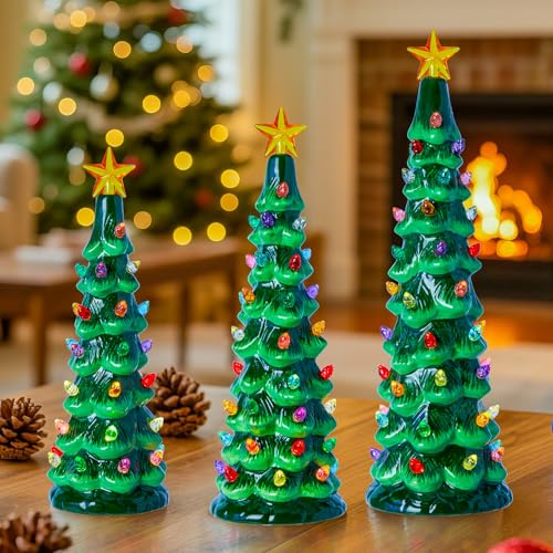 Brightown Lighted Ceramic Christmas Tree Set of 3, Pre-Lit Hand-P...