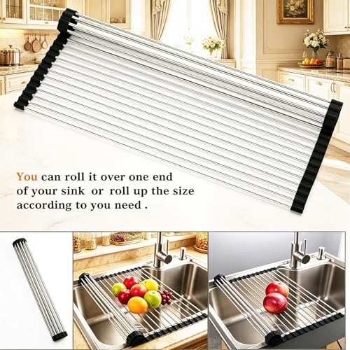 Image of Ahyuan Roll up Dish Drying Rack Over The Sink Kitchen Roll up Sink Drying Rack Portable Dish Drainer Foldable Dish Drying Rack (Black, 20.5''X16.9'')