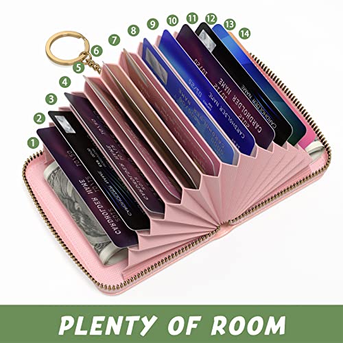 Image of Aiawoxc Credit Card Holder for Women, Small RFID Wallet Slim Leather Business Card Organizer Case with Zipper and Keychain, Pink
