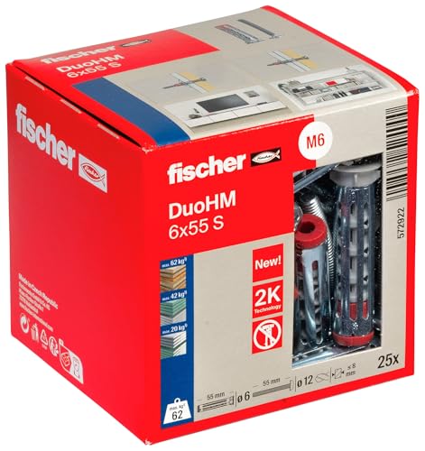 fischer Hohlraumdübel DuoHM 6 x 55 S PZ, Plattendübel mit metrischer Panheadschraube und PZ-Antrieb zum Befestigen von TV-Halterungen, Leuchten, Wandregalen, uvm. in Plattenbaustoffen, 25 Stück