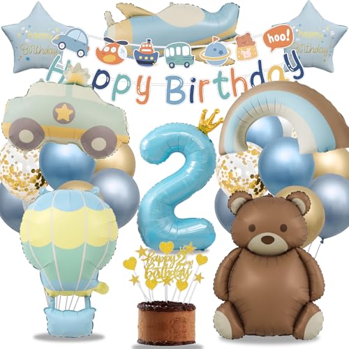 Decoração de aniversário para crianças 2 anos, XXL balão azul e dourado carro, urso, avião, arco-íris, decorações infantis para bolos e bandeiras a condizer, kit de aniversário para crianças 2 anos)