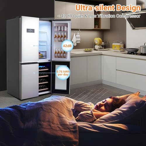 36 Inch Refrigerator and Freezer, 21 Cu. Ft Counter Depth Fridge French Door Refrigerator with Wine Cooler, 4-Door Fridge with Automated Defrost & Touch Screen, Interior LED Light