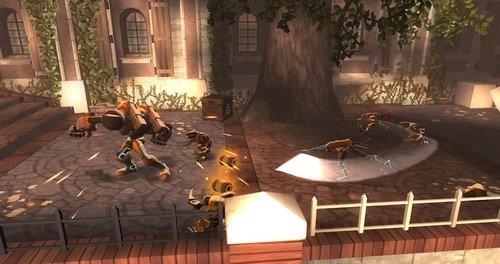 Spyborgs character Stinger attacking enemies in a city environment