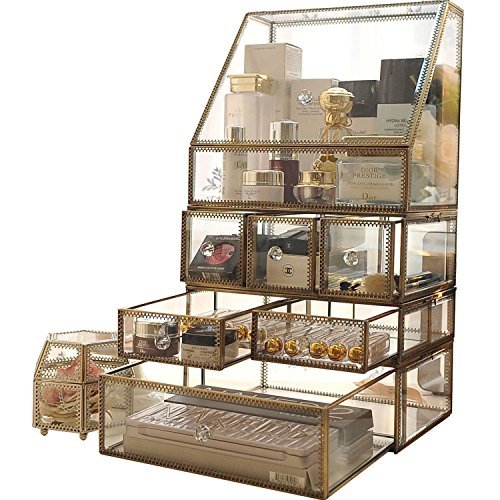 Antique Spacious Makeup Organizer Mirror Glass Drawers Set/ Brass Metal Cosmetic Vanity Storage /Stunning Jewelry Cube Countertop Dresser/Vintage Makeup Holder Nightstand for Perfume/Brushes/Skincare