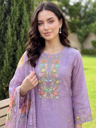 Image of INDO ERA Women's Silk Blend Embroidered Thread Work Kurta & Pant with Dupatta Set