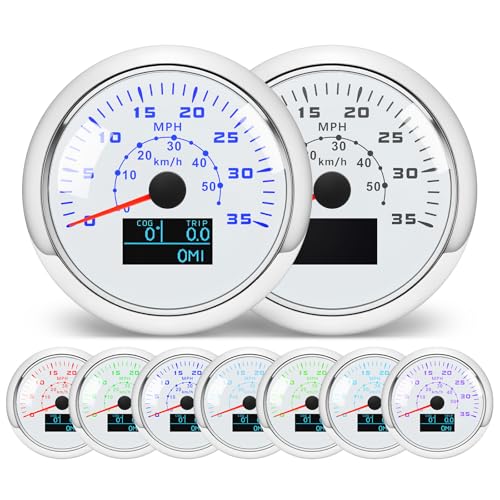 MH GPS Speedometer Car 0-35MPH 0-55KM/H Boat GPS Speedometer Odometer Antenna Waterproof 85mm 3-3/8 7 Color AUTO Gauge for Truck Marine (White)