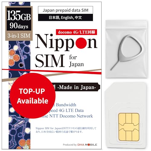 Japan SIM Card 90 Days Data Only | 135GB High-Speed 4G LTE | No Roaming Needed for Faster, Safer Access | Hotspot tethering Supported | Docomo Network | Made in Japan by Nippon SIM - Used condition - US$61.73