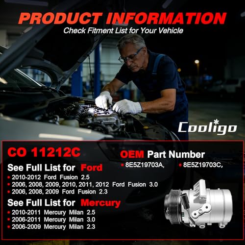 Image of Air Conditioner AC Compressor with Clutch Fits for Mercury Milan 2006-2011 | A /C Compressor with Clutch Compatible with Ford Fusion 2010-2012,Replaces CO 11212C,#8E5Z19703A,8E5Z19703C
