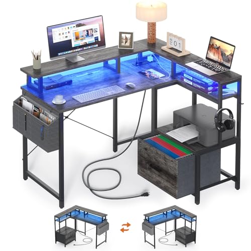 Homieasy-Small-Computer-Desk-with-File-Drawer-Cabinet-L-Shaped-Office-Desk-with-Printer-Stand-Monitor-Stand-39-Inch-Gaming-Desk-with-Power-Outlets-Led-Light-Storage-Bag-Hanging-Hooks-Black-Oak