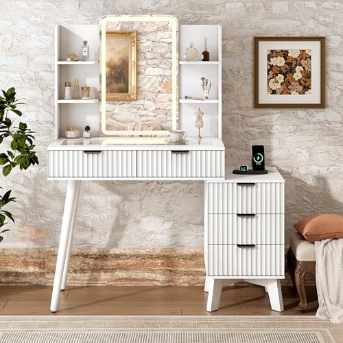 Image of Xixini Fluted Vanity Desk with LED Lights Mirror & Charging Station, White