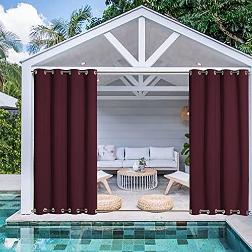 Feeniibuk Burgundy Indoor Outdoor Waterproof Patio Curtains Thermal Insulated Lightproof Drapes with Grommet at Top and Bottom Curtains for Cabana, Porch, Gazebo, Pergola, 100