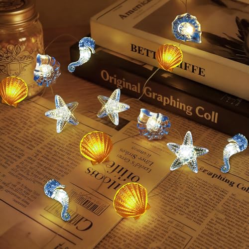 Vicloon Lichterkette Meerestiere, 2M 20 LED Seepferdchen Seestern Wellhornschnecken Muschel Lichterkette, Bunt Lichtervorhang Innen für Weihnachten Deko, Balkon, Party, Hochzeit