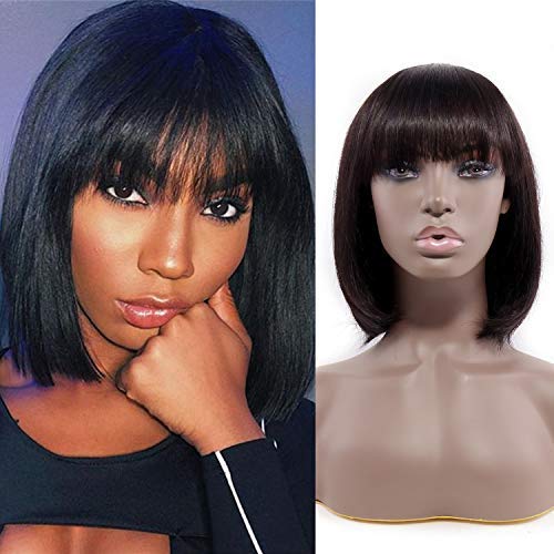 Short bob wig with bangs 100% Human hair none Lace Front Wigs wigs for black women Brazlian Straight Hair Machine Made wigs with bangs bob natural color Human Hair (8inch)