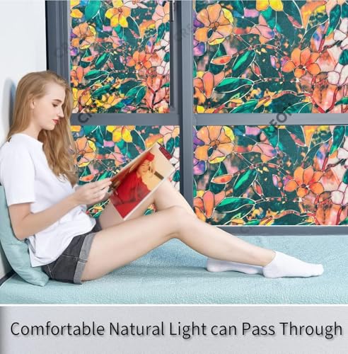 Image of CREON Frosted Privacy Window (24 X 250 Inch) Film with Flower Pattren & Stained Glass Design, Adhesive-Free for Home, Bathroom & Office