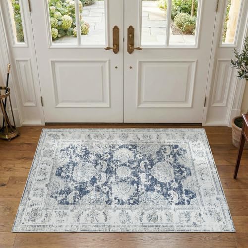 jinchan Floral 3x5 Area Rugs for Entryway - Machine Washable Taupe Vintage Distressed Design Doormat Non-Slip Ultra-Thin Low Pile Boho Rug for Kitchen Living Room Bedroom Farmhouse (3x5',Dark Blue)