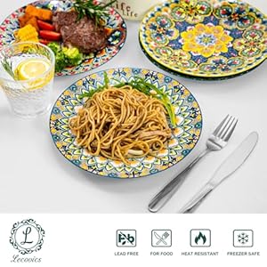 Ceramic dinner plates set of 6 85 inch microwaveovendishwasher safe scratch resistant bohemian style dinnerware for salad pasta dessertsteak appetizers  urban country home decor