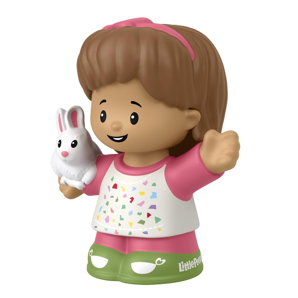 Little People Fisher-Price Figur für Kleinkind-Puppenhaus-Spielset HXC05 – Little Girl Mia Figur mit braunen Haaren und rosa Haarschleife – hält ein weißes Häschen Kaninchen