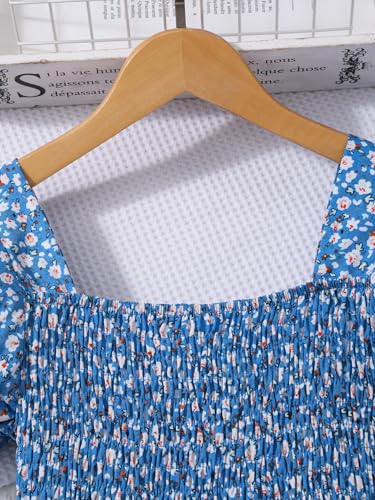 Image of Seechoslo 2025 Tween Girls' Cute Short Sleeve Square Neck Smocked Elastic Short Sleeve Woven Shirt Top
