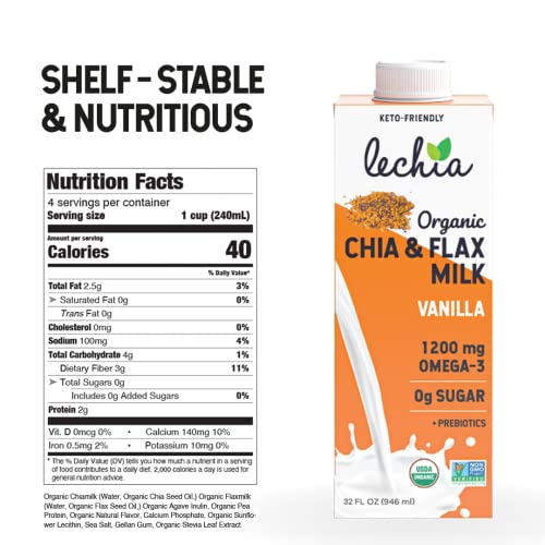 Lechia Organic Macadamia Unsweetened + Chia & Flax Milk Bundle (2 X 6 Pack), 1200Mg Omega-3, Keto, Non Dairy, Lactose Free, Plant Based, Gluten Free, Kosher, Non-Gmo, Shelf-Stable, Zero Sugar, 32Oz #TOP4