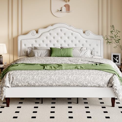 Allewie King Bed Frame with Adjustable Velvet Tiara Headboard, Upholstered