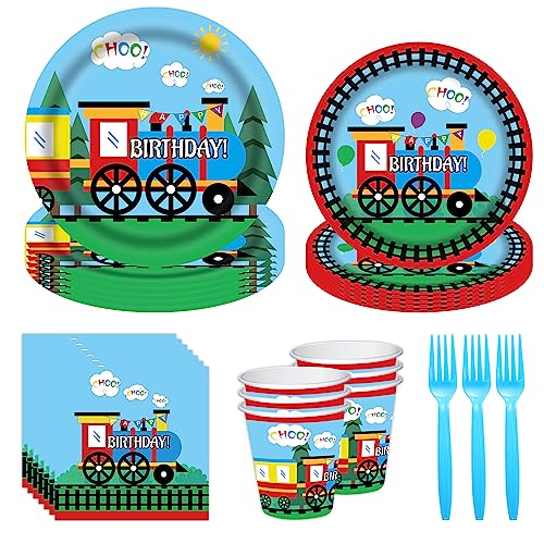 Image of 120 Pcs Train Decorations - Birthday Party Supplies - Disposable Dinnerware Set - Plates, Napkins, Cups, Forks - Food Grade - Serves 24 Guests